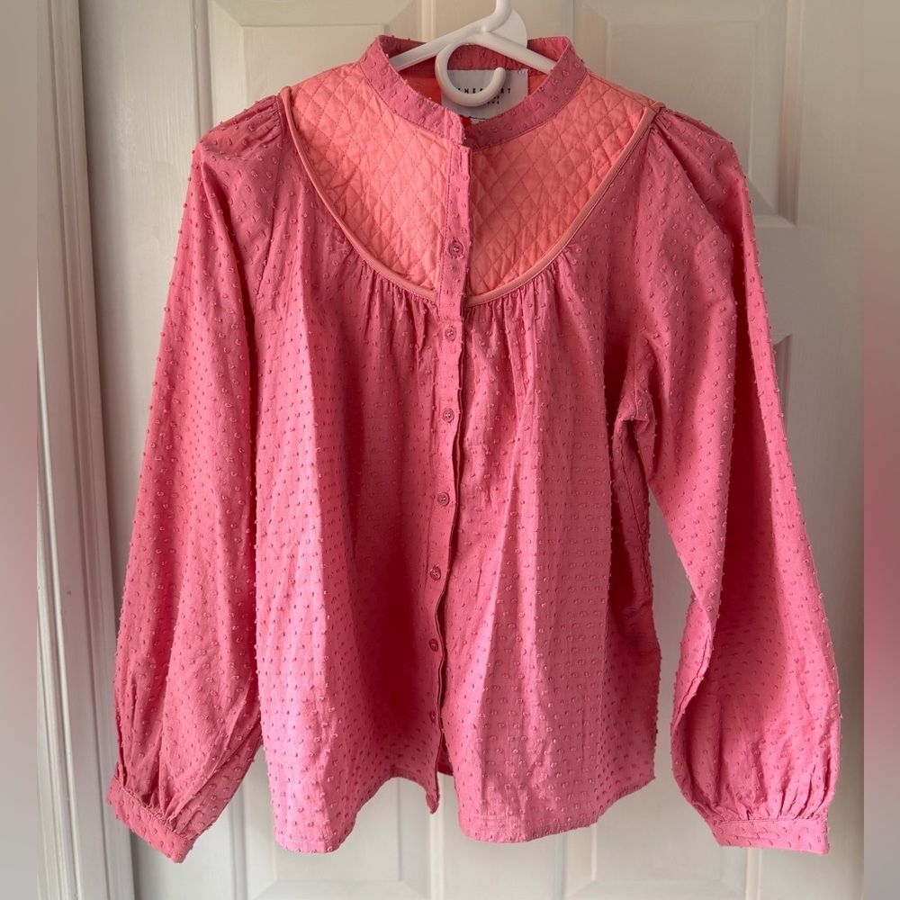 The Shirt Rochelle Behrens Women Sze XS Textured Quilt‎ Bib Button Up Shirt Pink